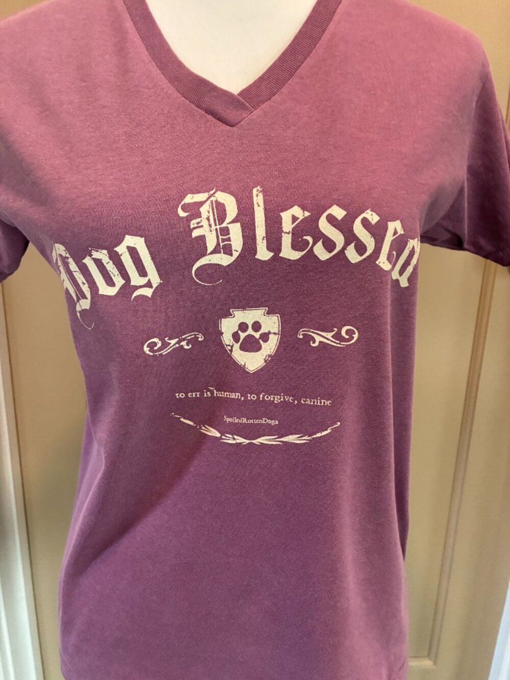 Ladies "Dog Blessed" plum-colored cotton T-shirt.